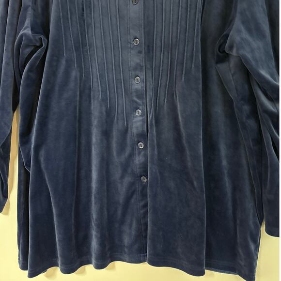 Woman Within Velour Pintuck Button Up Knit Tunic Top Blouse Blue V-Neck Size 2X - Picture 5 of 10